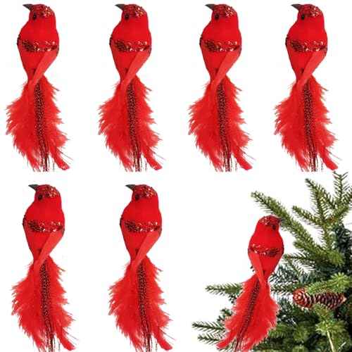 6 PCS Red Birds Cardinal Ornament for Christmas Tree Ornament Artificial Christmas Red Feather Birds Ornament with Sequins Clip on Christmas Tree Ornament Decorations Xmas Winter Theme Craft Decor