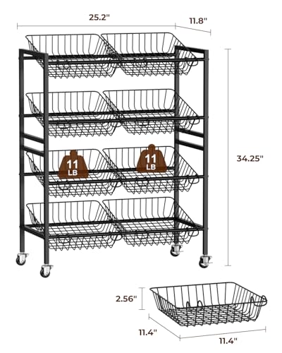 25.2-Inch Multi-Functional Kitchen Storage Cart with 4 Tiers and Lockable Wheels