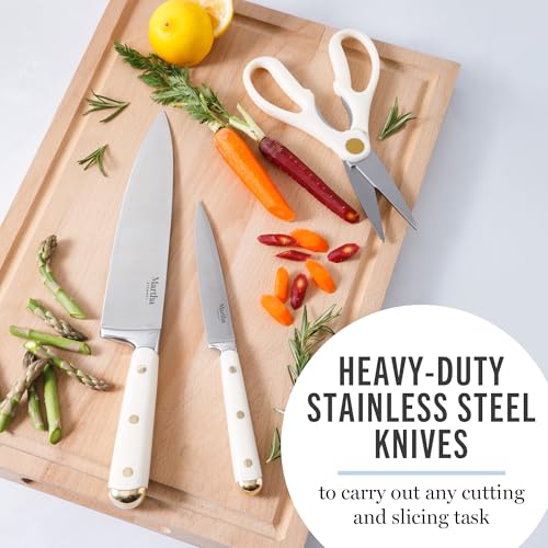 Linen White & Gold 16-Piece Knife Block Set with Acacia Wood Storage