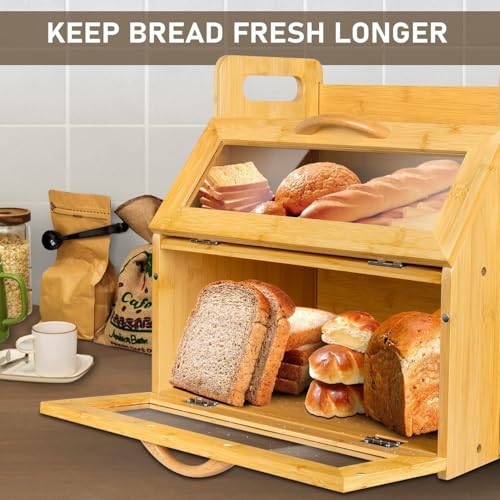 Extra Large Double Layer Bamboo Bread Box with Clear Window - Natural Farmhouse Kitchen Storage - L-Natural