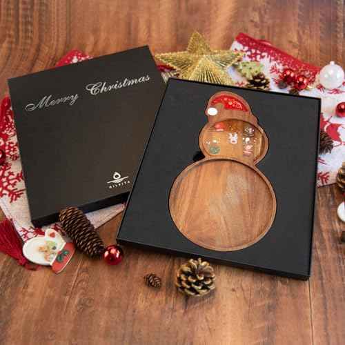 Christmas Serving Platter Mitten Shape Acacia Wood Serving Tray Charcuterie Board Handcrafted Resin Wooden Tray Snack Platters Gifts Party Supplies Wood Candy Dish (Snowman)