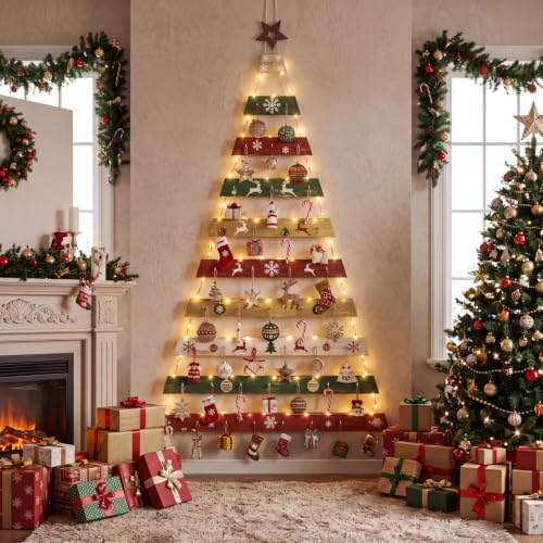 Soaoo Brown Wall Hanging Christmas Tree 30x70 Inch Decorative Wooden Ladder