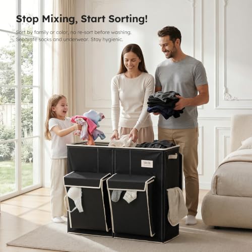 SOLEDI Black 220L Laundry Hamper with 3 Compartments & 2 Side Pockets