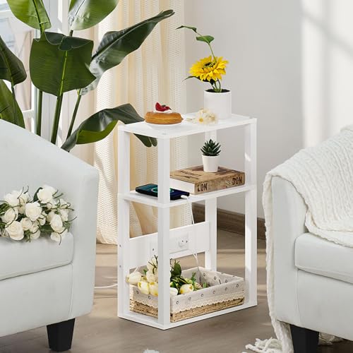 YUFAM White 3-Tier Narrow Bedside Table with Charging Station - Small Nightstand