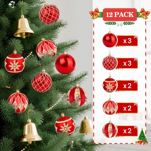 EverMerry Red & Gold Christmas Ornaments Set 12-Pack - 3.1 Inch Holiday Balls with Variety