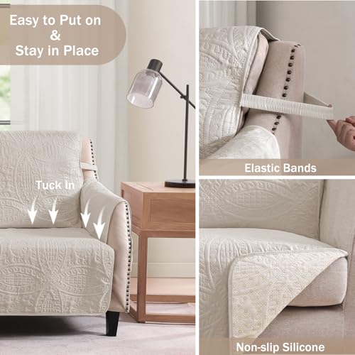 Water-Repellent Quilted Sofa Cover for 88-Inch Grand Sofa - Beige Cream, Waterproof Couch Protector with Anti-Slip Fit