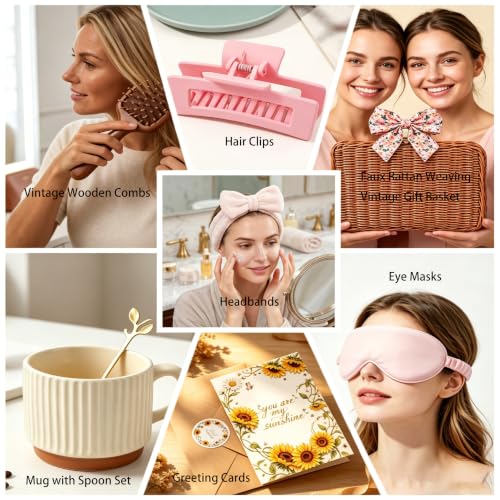 Pink Spa Gift Basket for Women - 15-Piece Self Care Set with Rattan Suitcase