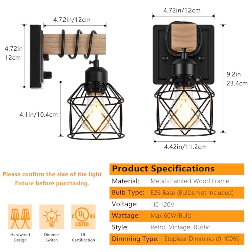 Dimmable Wall Sconces Set of Two with Rotary Switch, Black Farmhouse Bathroom & Bedroom Light Fixtures