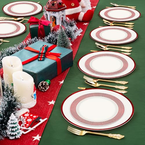 Boocikey Red & White Christmas Disposable Plates Set - Holiday Dinnerware for 20 Guests