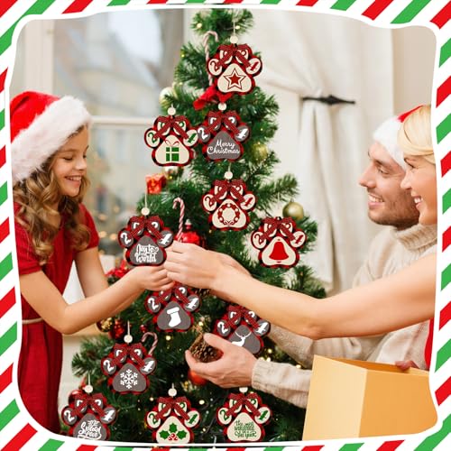BBTO 12Pcs Dog Paw Ornaments Christmas Tree Wood Decor Red Black Brown