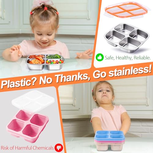 3-Pack Stainless Steel Snack Containers with 4 Compartments - 20 oz Kids Lunch Boxes