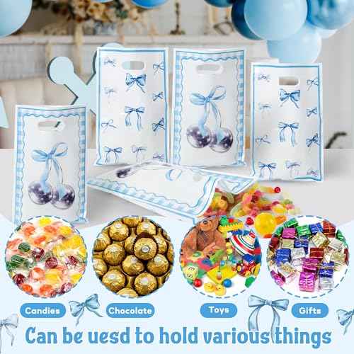Blue Bow Party Favor Bags - 50Pcs Coquette Bow Knot Themed Goody Candy Treat Gifts Bags, Blue Theme Party Decorations for Kids Girls Women Birthday Wedding Bridal Shower Supplies