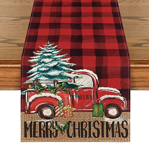 Artoid Mode Christmas Tree Truck Table Runner 13x72 Inch Red & Black Home Decor