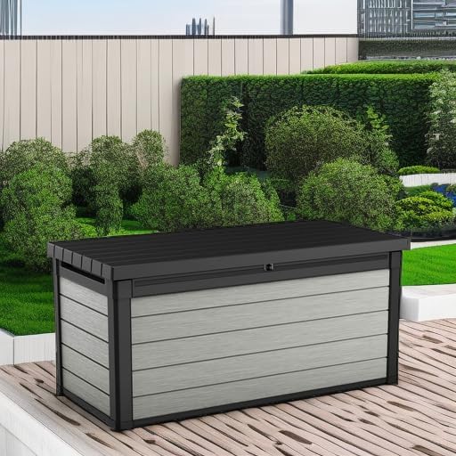 Keter Denali 150 Gallon Resin Deck Box - Durable Double Wall Design for Outdoor Storage | Grey & Black