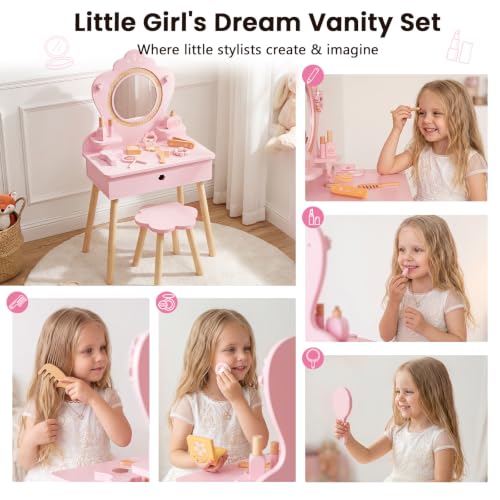 Kids Vanity Set with Mirror and Accessories - Toddler Dress-Up Furniture