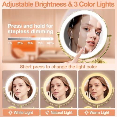 Benbilry 9" Wall Mounted LED Makeup Mirror with 10X Magnification, Gold, Corded