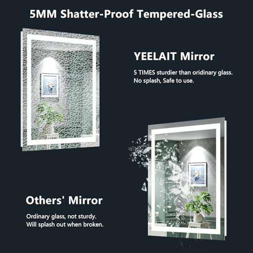 YEELAIT 24x32 Inch LED Bathroom Mirror with Lights, White, Anti-Fog, Dimmable