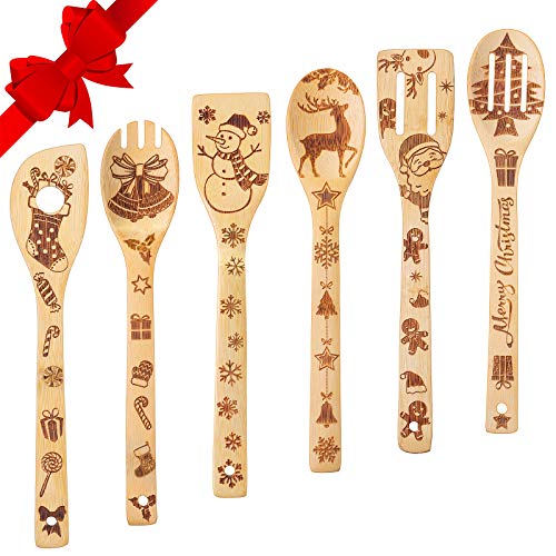 Christmas Wooden Spoons & Spatula Set - 6 Pcs Kitchen Utensils with Holiday Designs