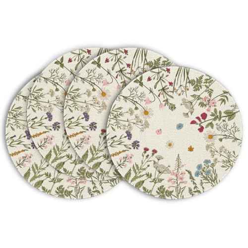 Artoid Mode Antique Herbs Wild Flowers Spring Placemats Set of 4, 14 Inch Summer Round Table Mats for Dining Decoration