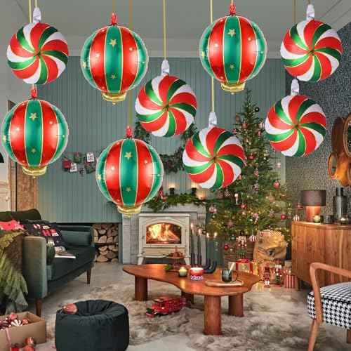 Christmas Foil Balloons, 9PCS Xmas Round Candy Lollipop Foil Balloons and Christmas Hanging Ball Mylar Balloons, Red Green Gold Xmas Sweetland Decorations for New Year Candies Party Decor