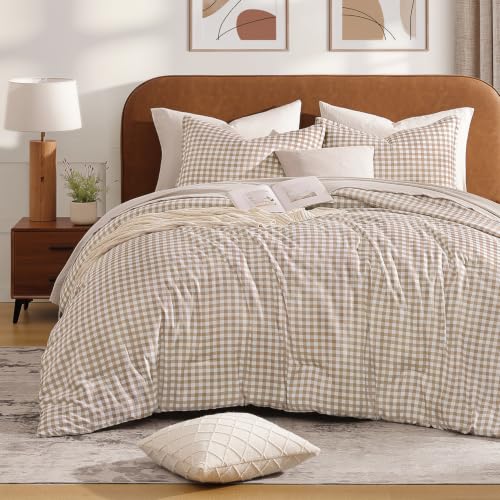 Twin Gingham Comforter Set - Tan Checkered Grid Bedding with Pillowcase - 66x90 inches - Variation 05
