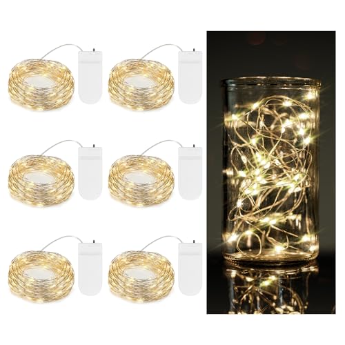 TingMiao 6 Pack Fairy Lights Battery Operated 7.2 ft 20 LED Mini String Lights Waterproof Silvery Copper Wire Firefly Starry Lights for Wedding Bedroom Party Christmas Decor(Warm White)