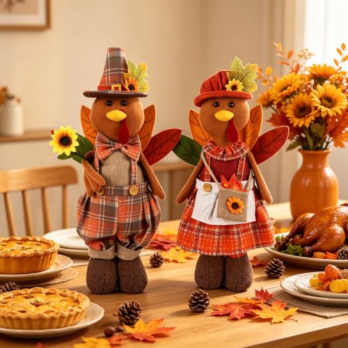 Set of 2 Adjustable Thanksgiving Turkey Couple Figurines - Fall Harvest Decor