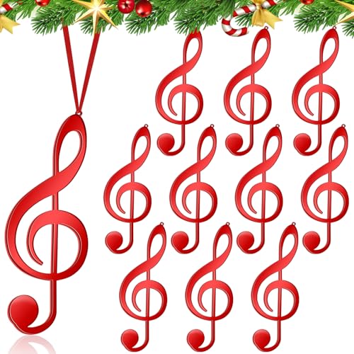 Patelai 10 Pieces Red Christmas Music Note Ornaments Treble Clef Hanging Decor with Ribbons