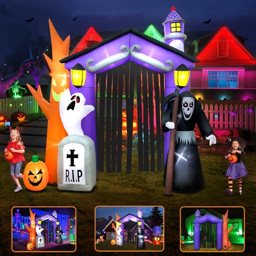KOOY 9FT Haunted House Castle Archway Inflatable with LED Lights Halloween Decor