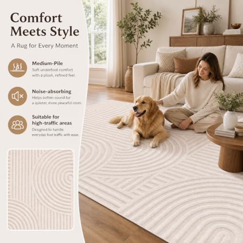 Ciicool 5' x 7' Beige Rainbow Textured Washable High-Low Plush Area Rug