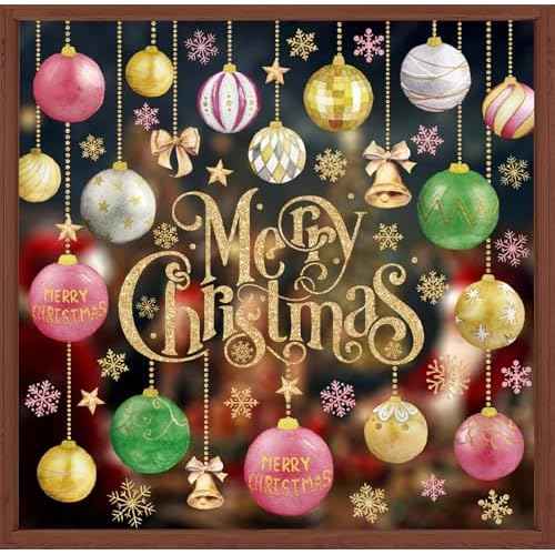 9 Sheets Merry Christmas Window Cling Stickers Watercolor Xmas Ball Ornament Double-Sided Reusable Window Decals for Party Home Office Classroom Decor
