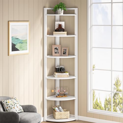 White Tribesigns 6-Tier Corner Shelf - Space-Saving Bookcase for Living Room & Home Office