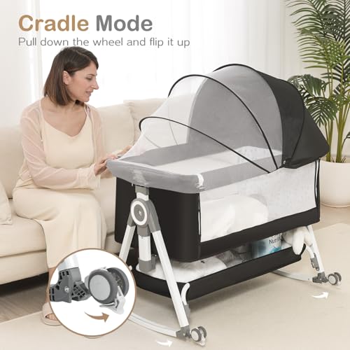OHFLY Dark Grey 4-in-1 Portable Baby Bassinet with Waterproof Mattress & Locking Wheels