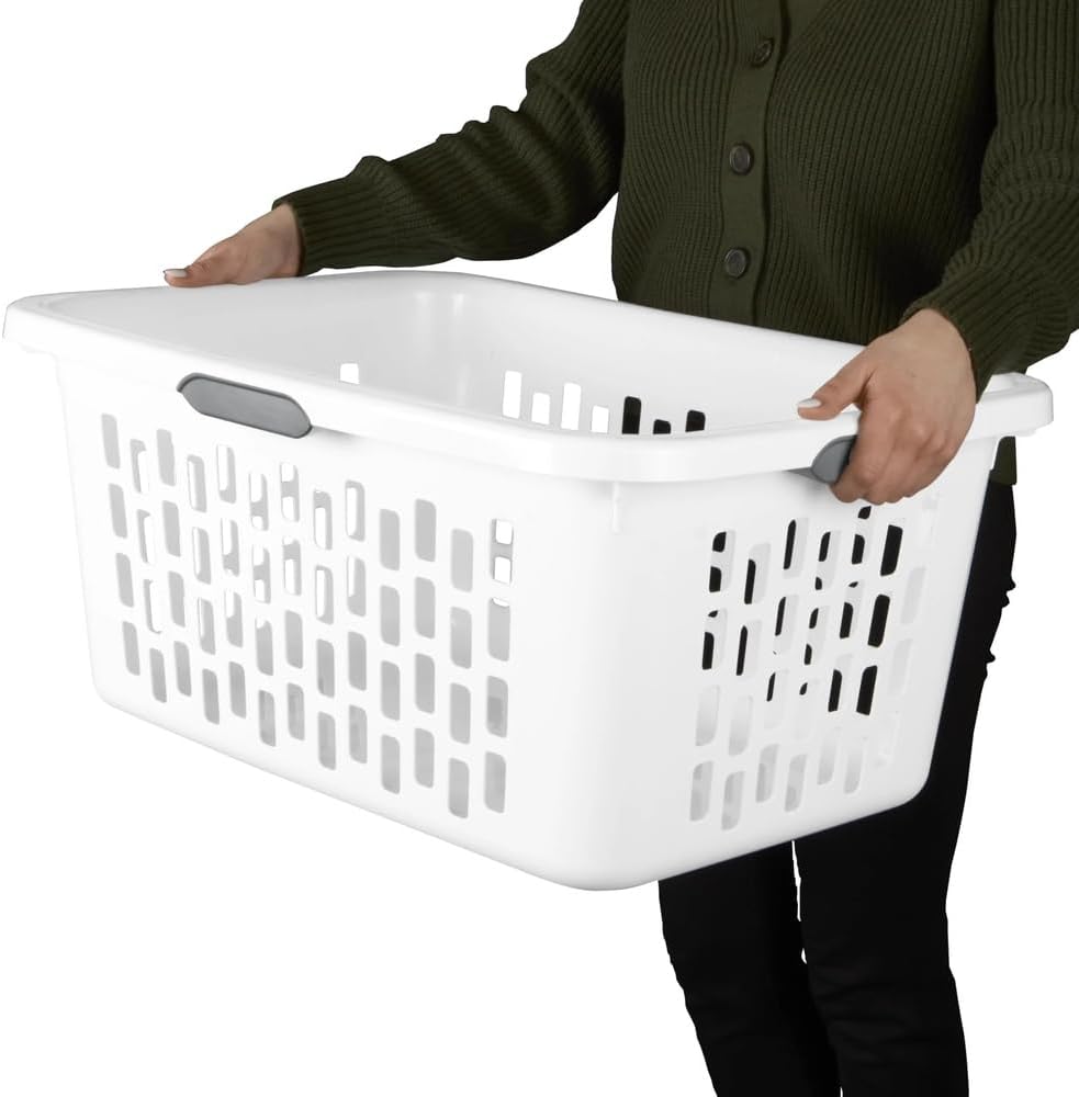 Skiennix Large Plastic Laundry Basket - Rectangle Clothes Hamper with Grip Handles | 2 Bushel Capacity, White