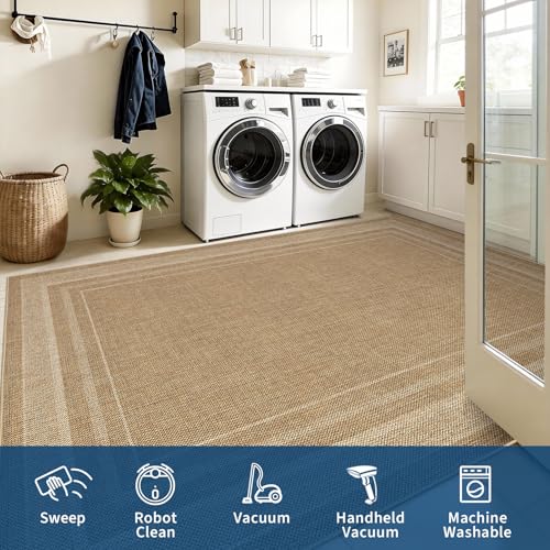 Washable 5x7 Solid Jute-Style Rug for Bedroom & Living Room Bordered Variation