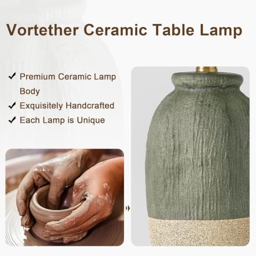 22.5-Inch Green & Earthy Yellow Ceramic Table Lamp for Bedroom & Living Room - Boho Nightstand Light - Handmade