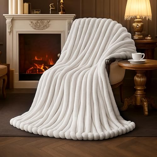 Amélie Home Ivory Striped Faux Fur Throw Blanket 55x70 Oversized Cozy
