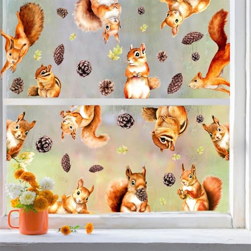 Double Sided Squirrel Window Stickers Squirrel Window Clings Autumn Fall Animal Wall Decals Woodland Animals Wall Stickers Cute Squirrels Wall Decals for Nursery Kids Bedroom Playroom Decor