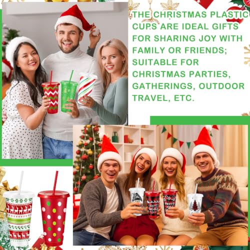 Chuangdi 48 Pack Christmas Plastic Cups with Lids & Straws, 24oz, Red & Green, Holiday Design