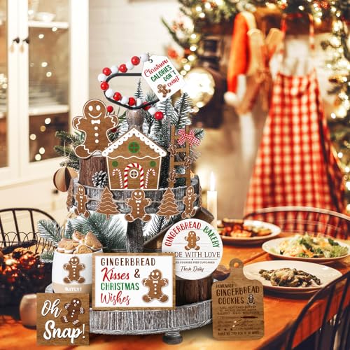 GlikCeil Gingerbread Style Christmas Tiered Tray Decor Set - Rustic Wooden Signs, 20 Pieces