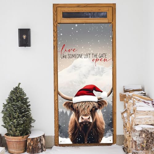 E-Christmas Cow Door Cover - Funny Highland Cow Holiday Door Banner for Indoor Outdoor Decor