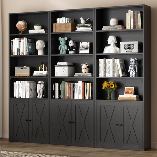 Black Modern Bookshelf with Doors - 6-Tier 71-Inch Tall Bookcase Storage Cabinet for Home Office