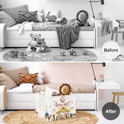 Clastyle Merry Christmas Baby Laundry Hamper Star Kid Storage Basket Boy Girl Gift Toy Box Collapsible Clothes Organizer Nursery Bin for Bedroom,Holy Night,40 * 30 * 30 cm