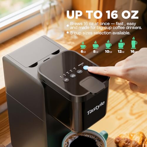 Tastyle Classic Black Single Serve Coffee Maker with 16 Oz Brew & Ice Function