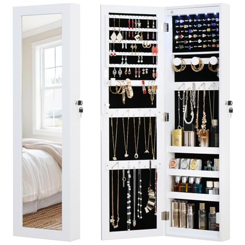 White Full Length Mirror Jewelry Cabinet Organizer with Lock & LED Lights - Off White, 43.3x12.4 Inches