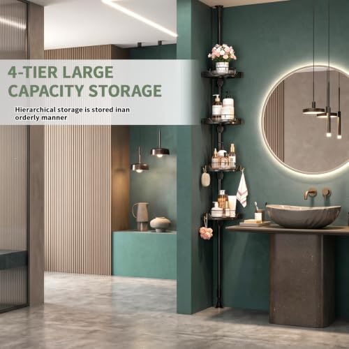 Black 4-Tier Rotating Tension Pole Shower Organizer - Adjustable Bathroom & Kitchen Caddy