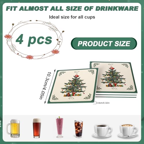 Vintage Christmas Tree Ceramic Coasters Set of 4 - Holiday Drink Mats for Home & Gifts