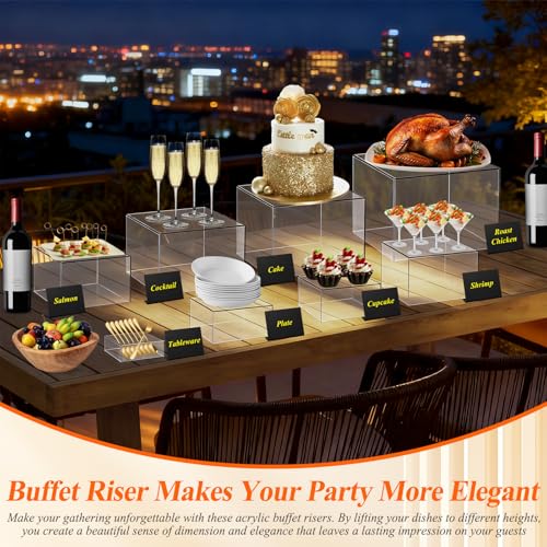 Qinzave 8-Piece Clear Acrylic Buffet Risers Set with Mini Signs, 8 Sizes