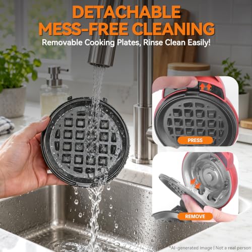 4-in-1 Mini Waffle Maker with Removable Plates - Red, Compact & Versatile