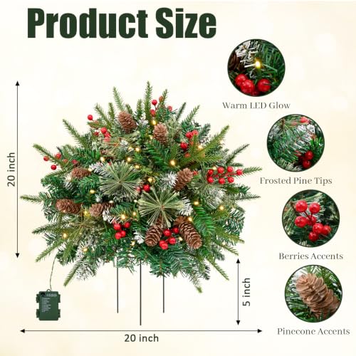 NatuBeau 24-Inch Pre-lit Outdoor Christmas Urn Filler, Green, 2 Pack